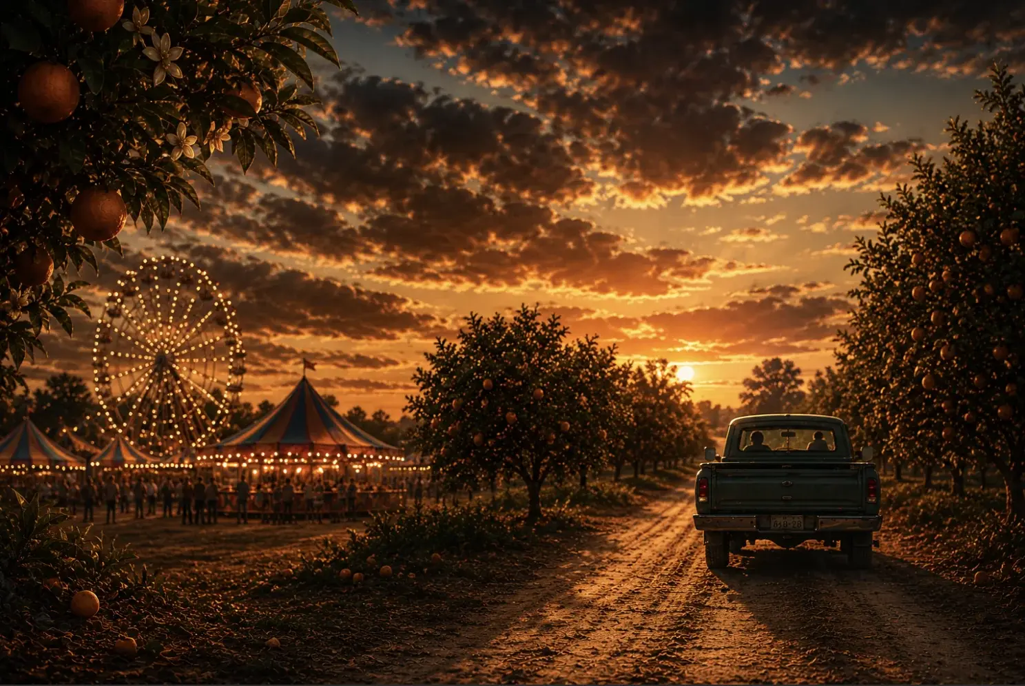 Orange groves, carnival ferris wheel, and vintage truck on a Florida dirt road at golden sunset